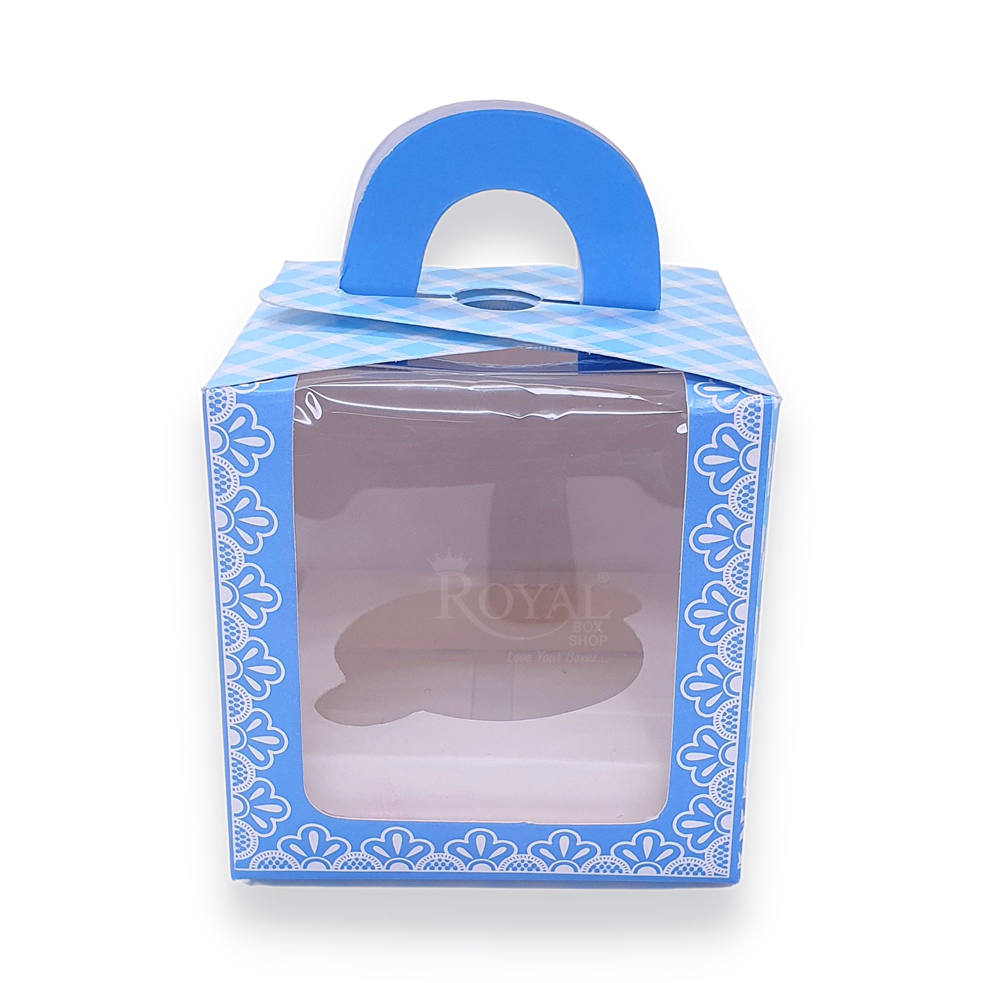 Single Cupcake Box With Window - Size 3.5"x3.5"x3.5" - Blue Check Royal Box Shop