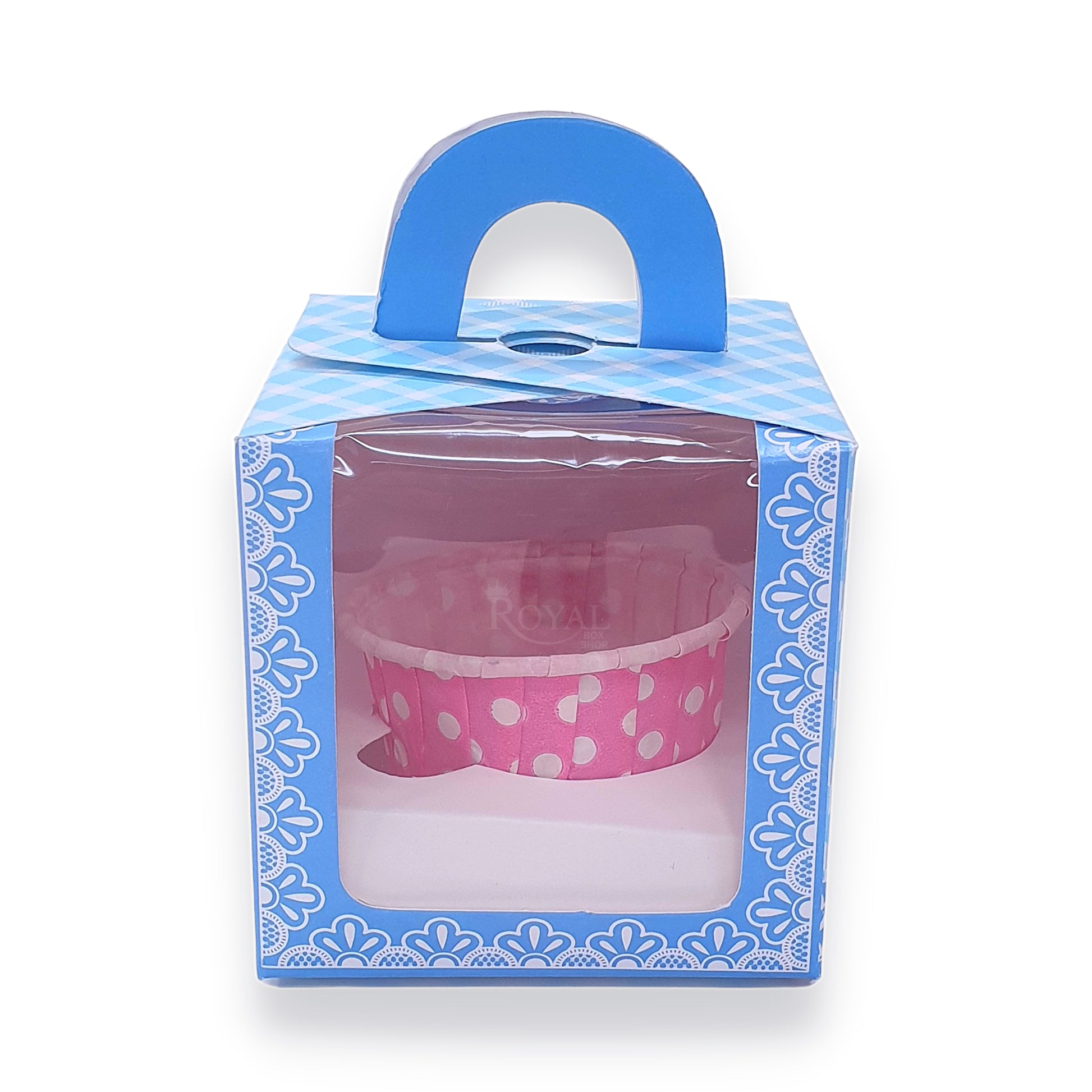 Single Cupcake Box With Window - Size 3.5"x3.5"x3.5" - Blue Check Royal Box Shop