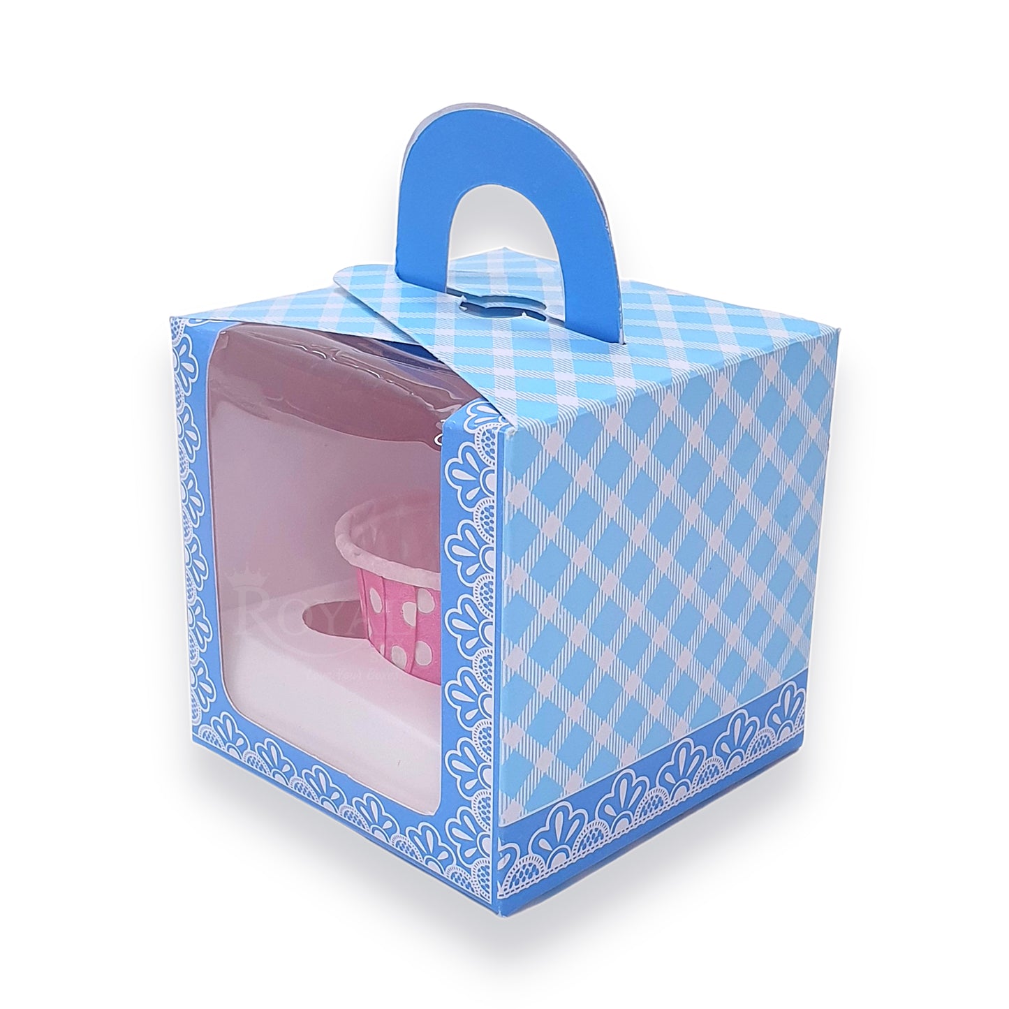 Single Cupcake Box With Window - Size 3.5"x3.5"x3.5" - Blue Check Royal Box Shop