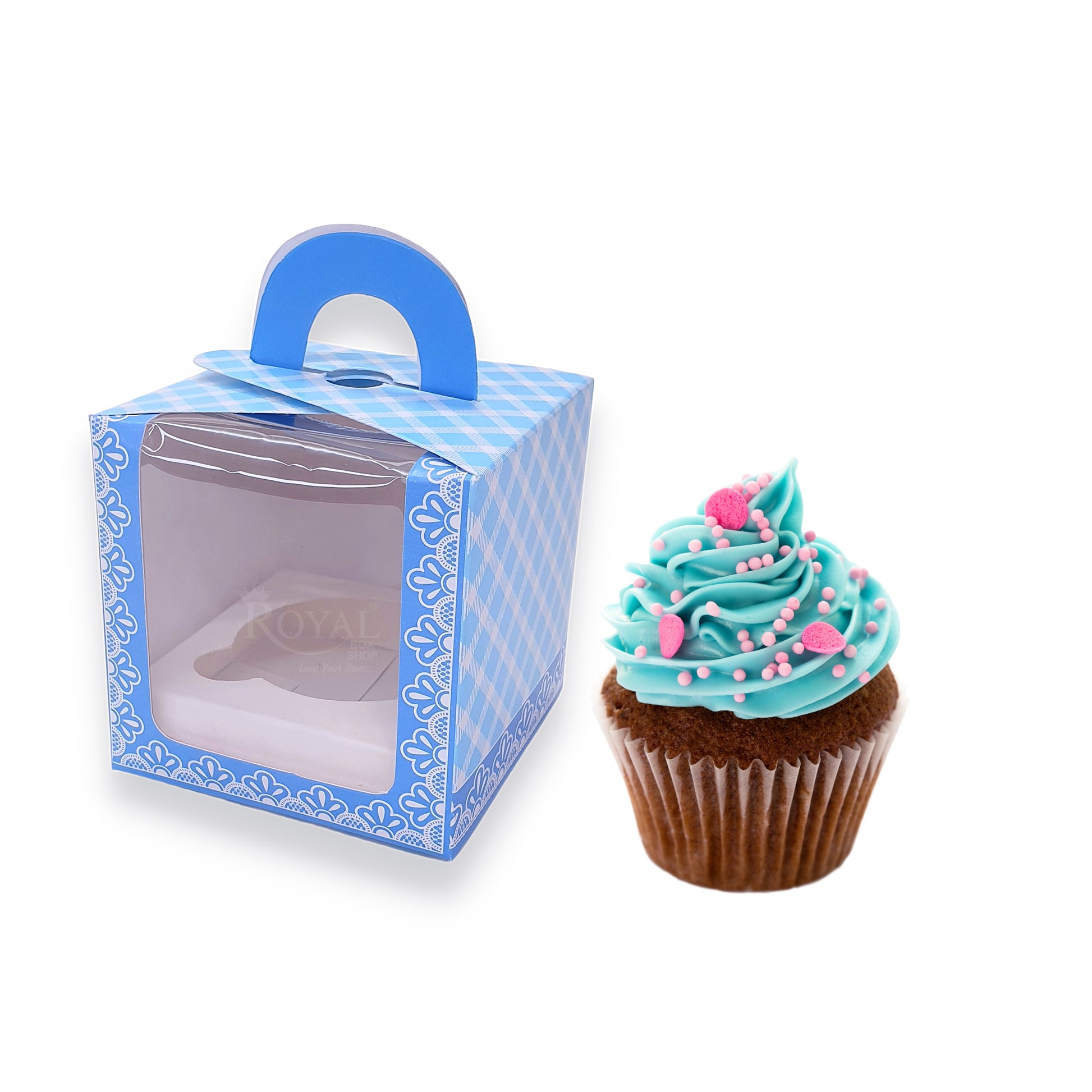 Single Cupcake Box With Window - Size 3.5"x3.5"x3.5" - Blue Check Royal Box Shop