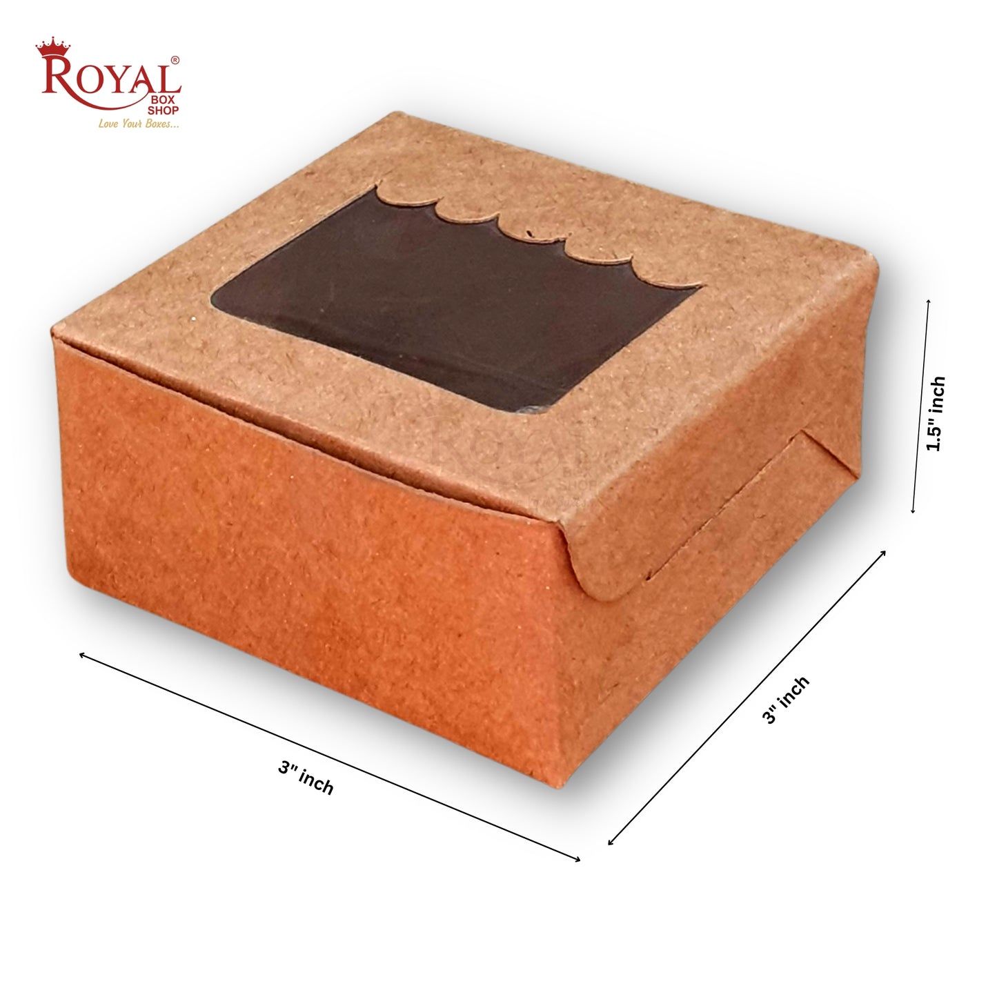 Single Piece Brownie Window Box I Brown Kraft I 3"x3"x1.5" inches Royal Box Shop