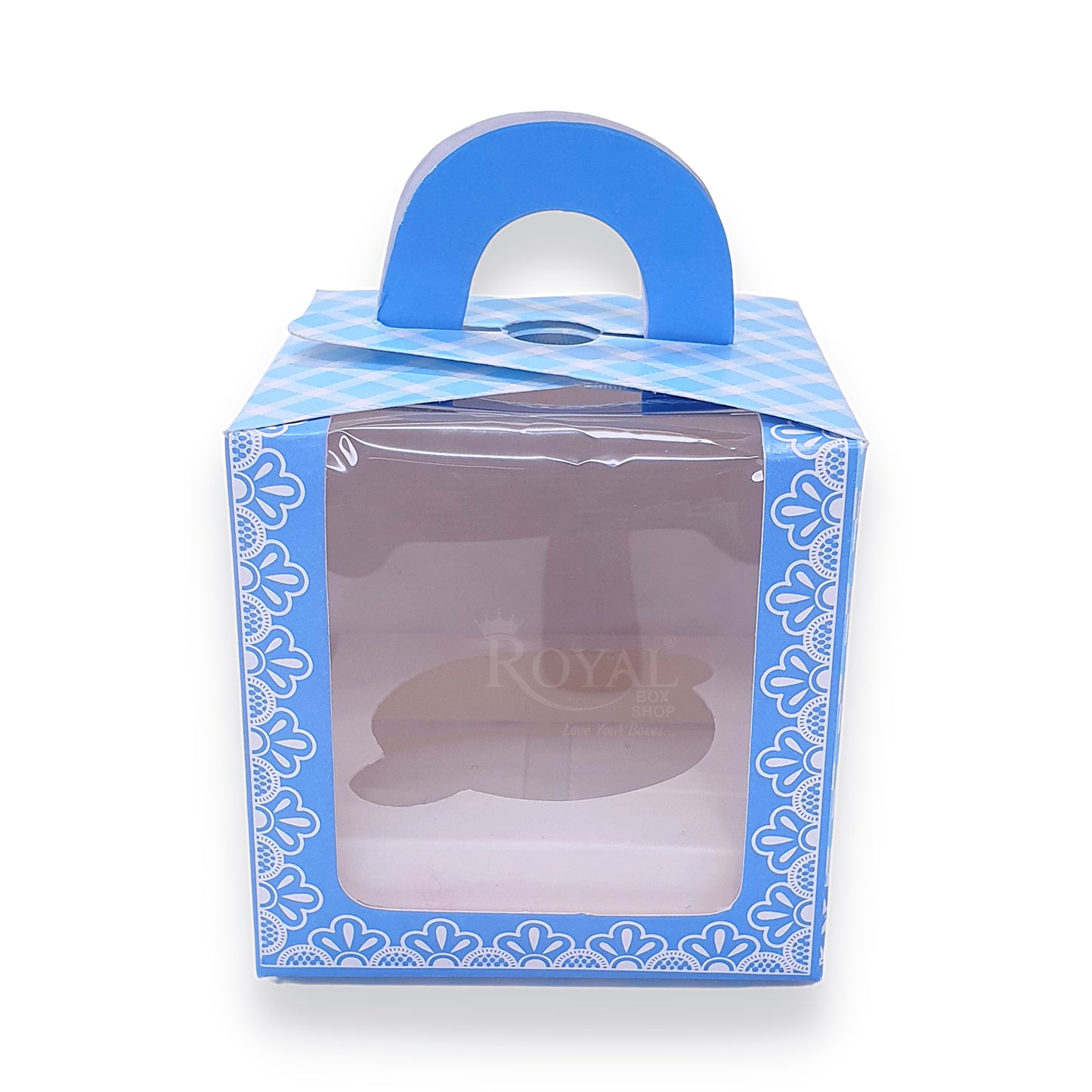 Single Cupcake Box With Window - Size 3.5"x3.5"x3.5" - Blue Check