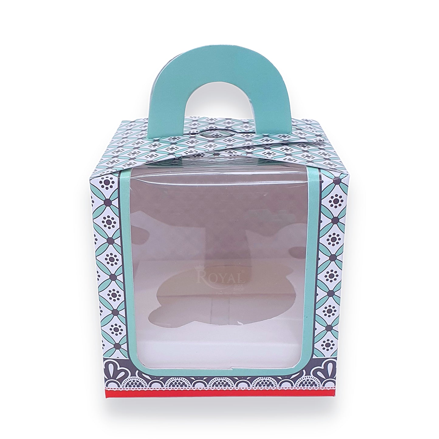 Single Cupcake Box With Window - Size 3.5"x3.5"x3.5" - Green Check