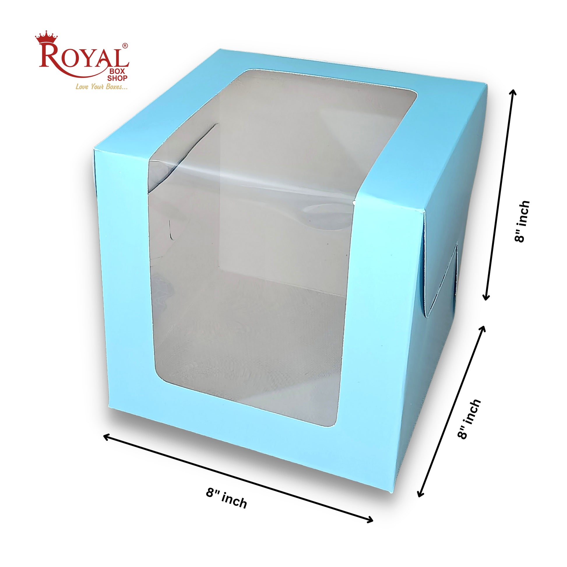 Tall Cake Box L-shape Window - 8"x8"x8"inches - Solid Blue Color Royal Box Shop