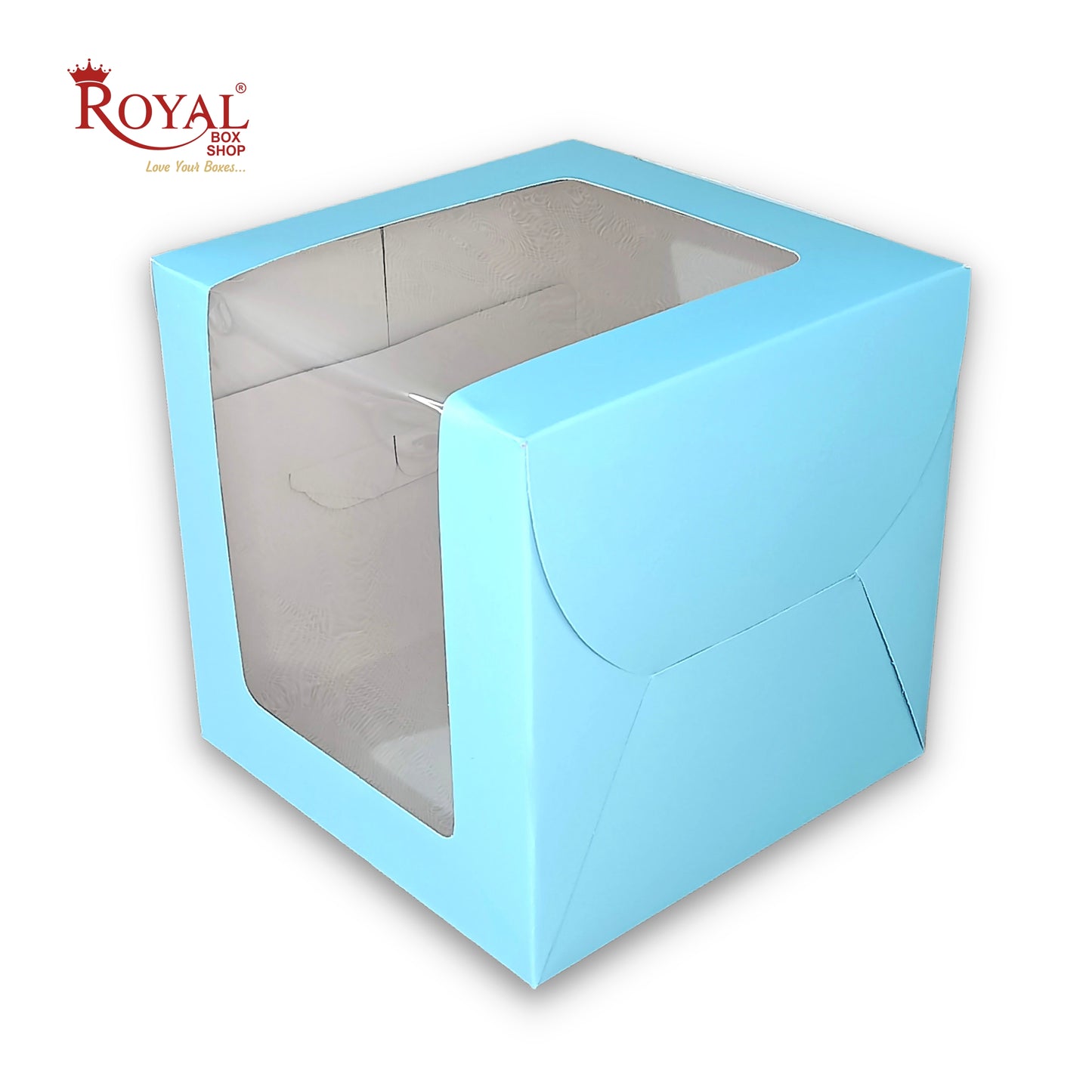 Tall Cake Box L-shape Window - 8"x8"x8"inches - Solid Blue Color Royal Box Shop