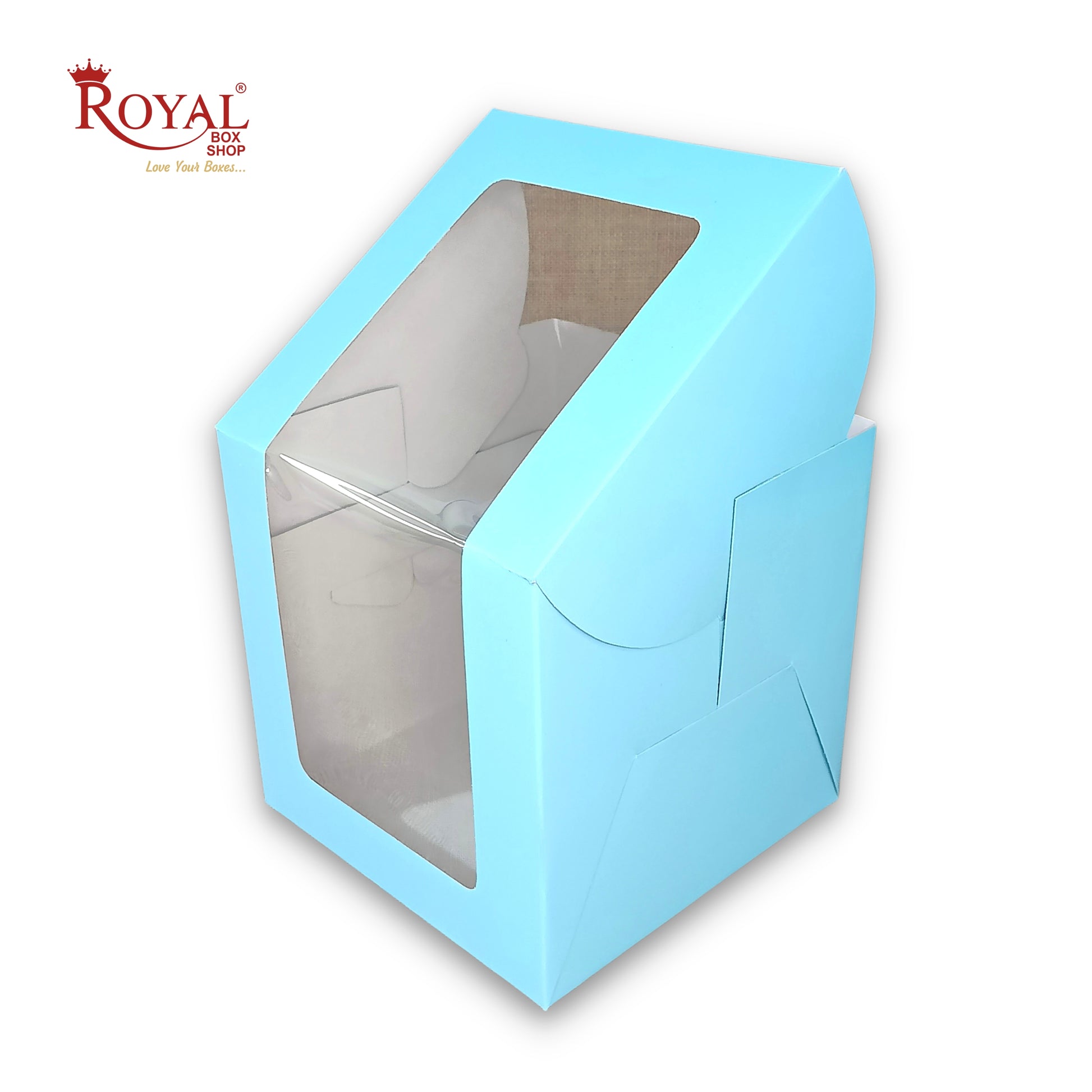 Tall Cake Box L-shape Window - 8"x8"x8"inches - Solid Blue Color Royal Box Shop