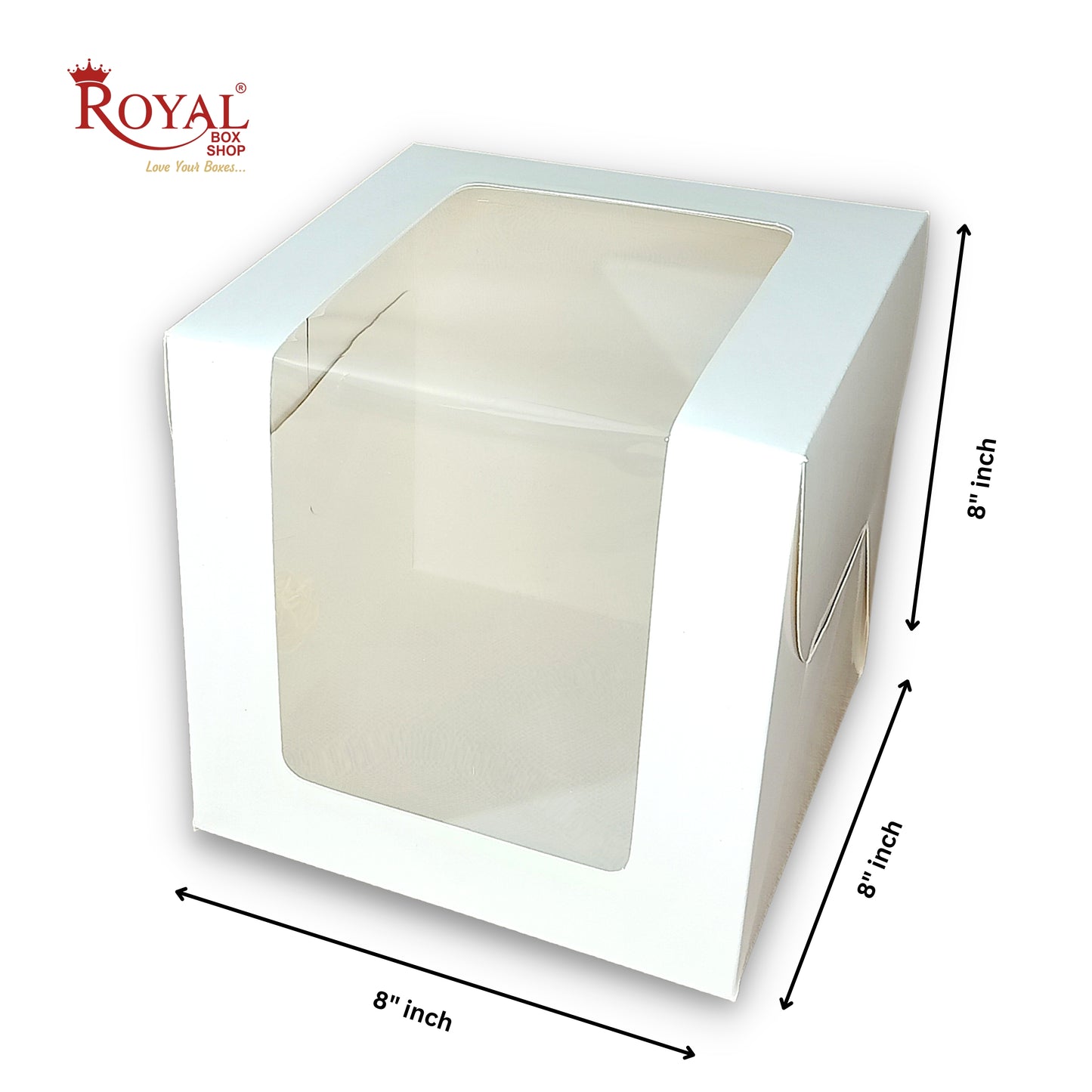 Tall Cake Box L-shape Window - 8"x8"x8"inches - Solid White Color Royal Box Shop