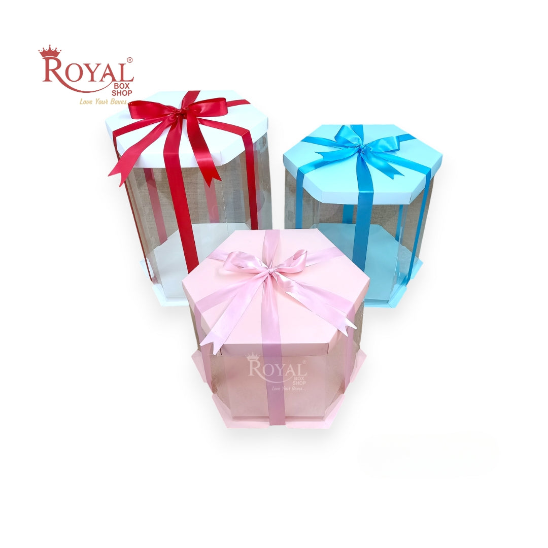 Transparent Tall Cake Box with Ribbon I Blue Color I Wedding and Gift Display Royal Box Shop