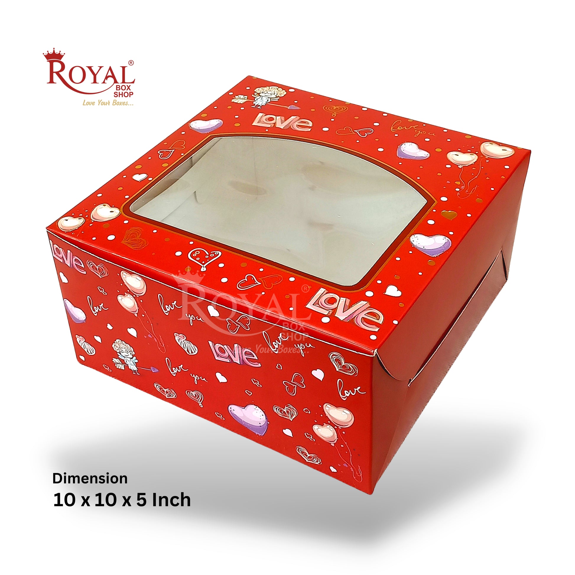 Valentine Cake Box with Window I 10"x10"x5" Inch I Red Color Royal Box Shop