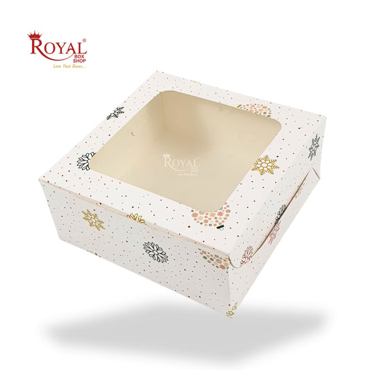 Christmas Theme Dry Cake Box With Window I Size 7x7x3 inch I White I Perfect for Dry Cakes, Chocolates, Cookies, Muffins