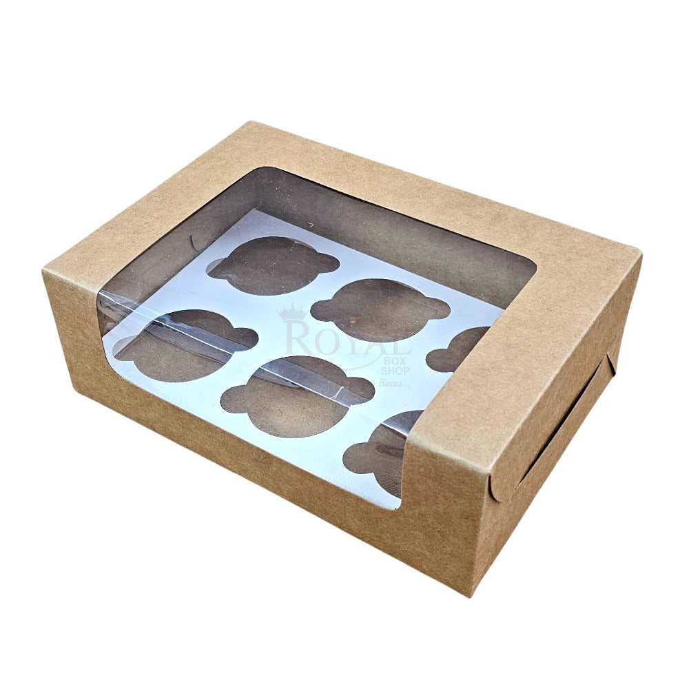 6 Cupcake Box With Window - Size 10"x6.75"x3.5" - Brown Royal Box Shop