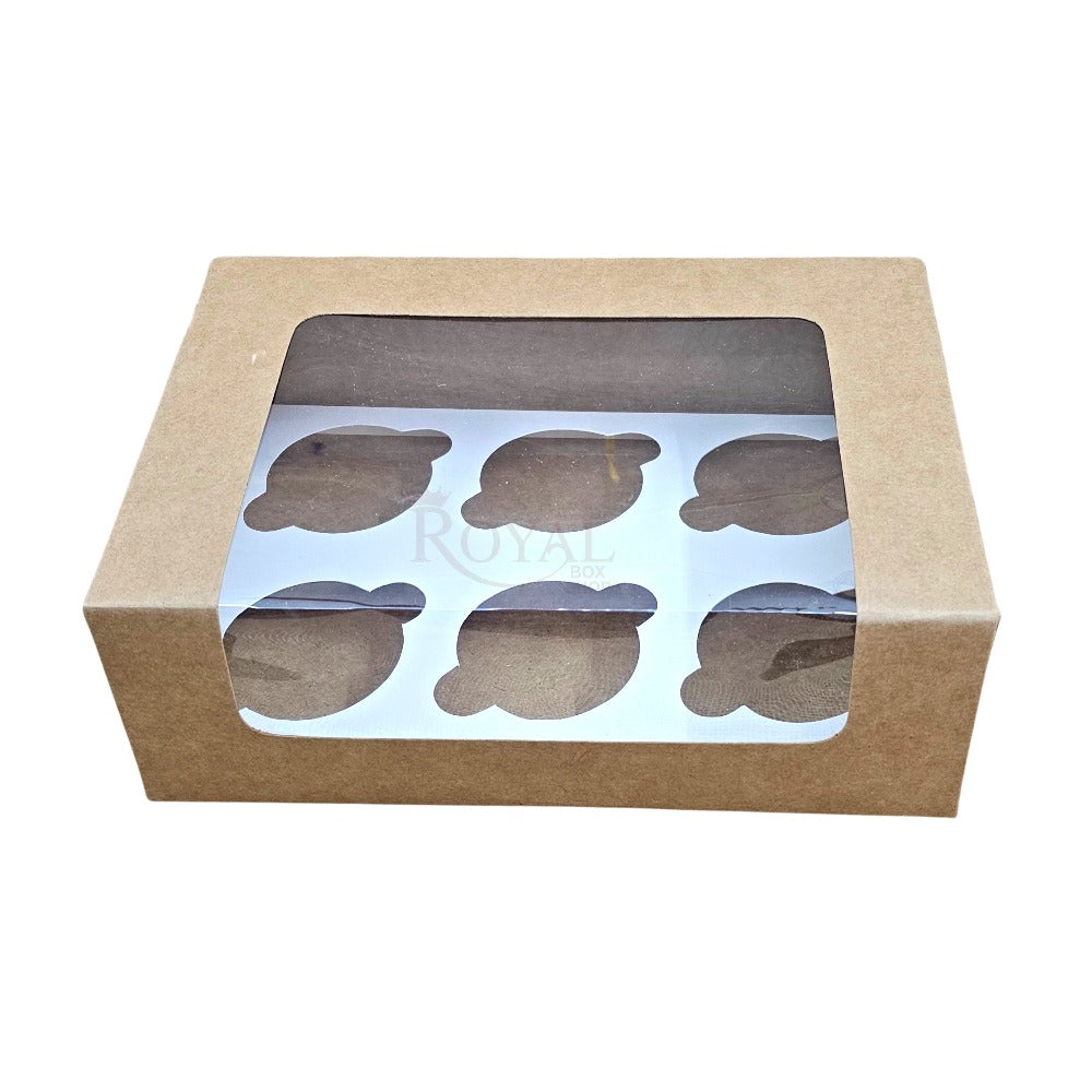 6 Cupcake Box With Window - Size 10"x6.75"x3.5" - Brown Royal Box Shop