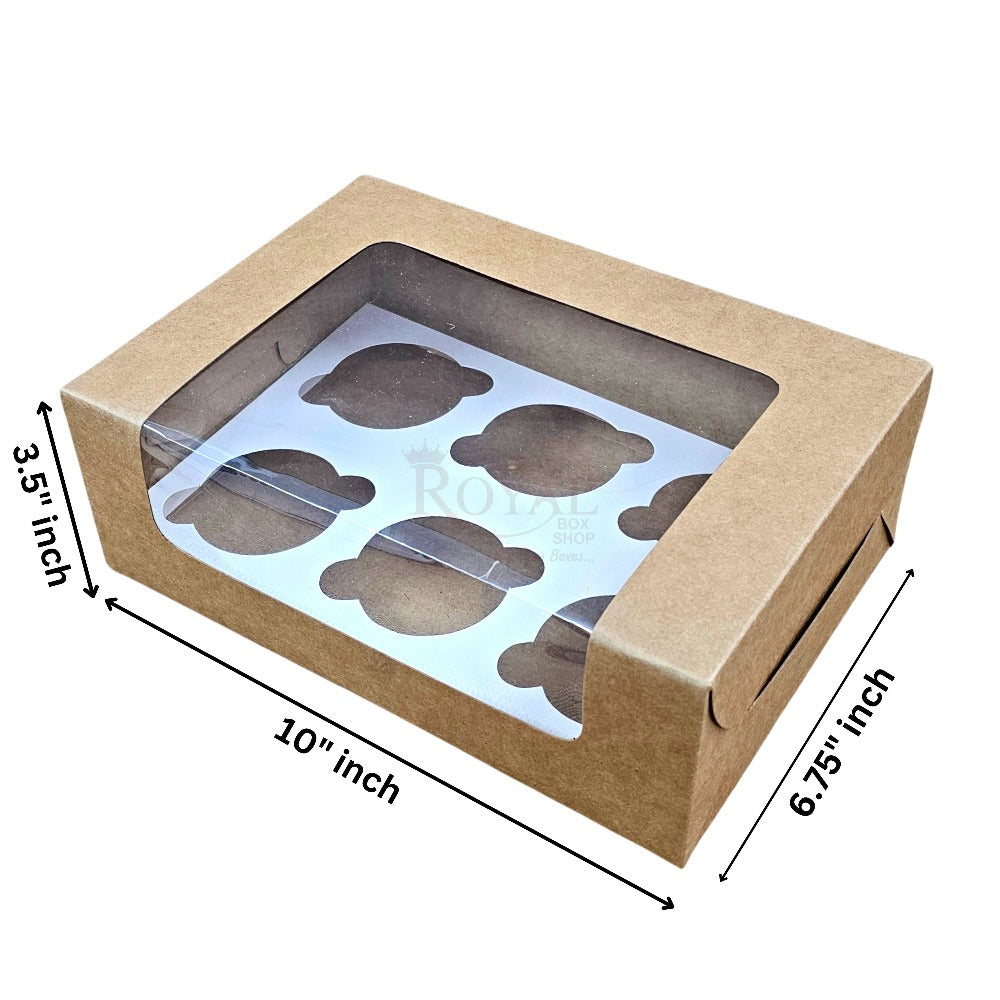 6 Cupcake Box With Window - Size 10"x6.75"x3.5" - Brown Royal Box Shop