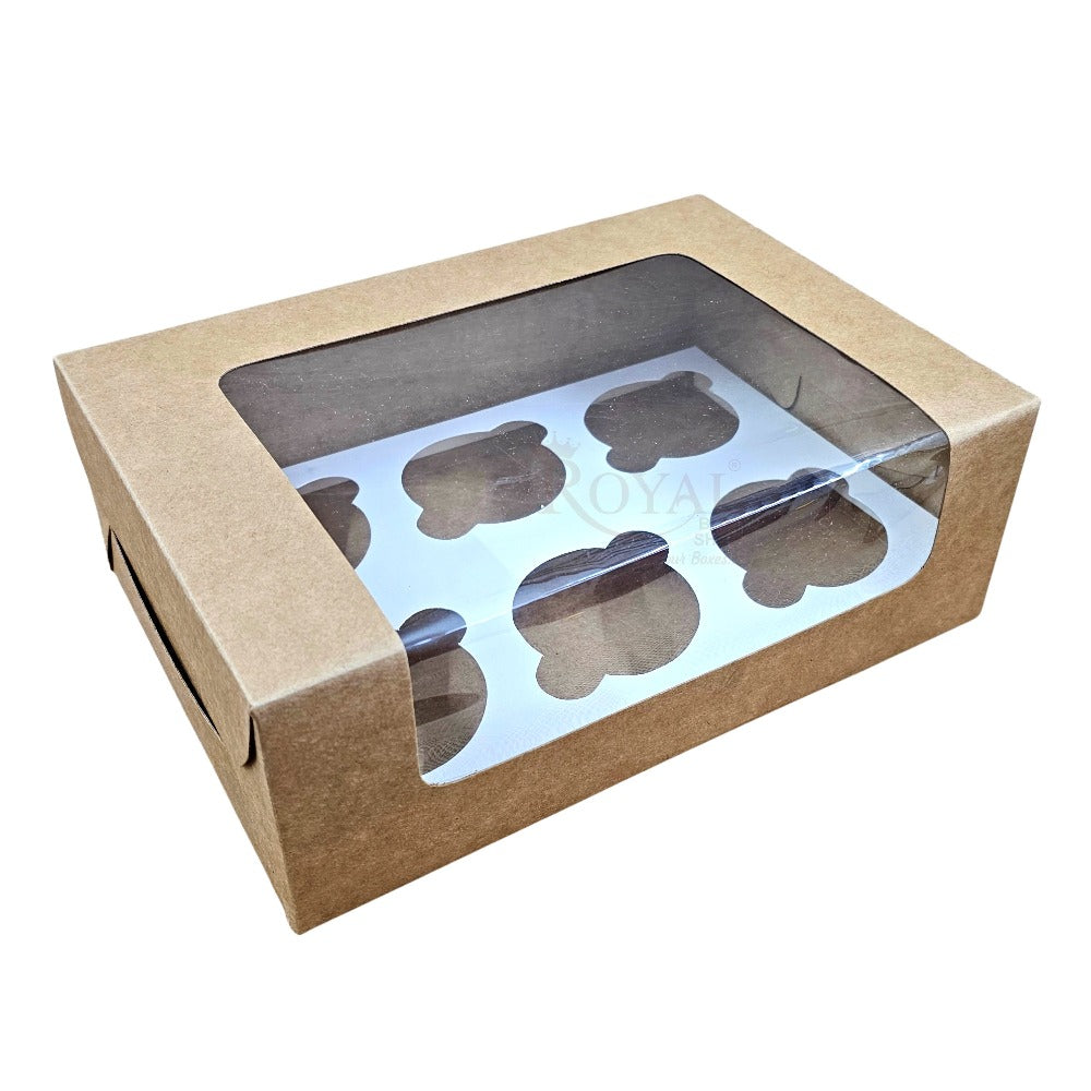 6 Cupcake Box With Window - Size 10"x6.75"x3.5" - Brown Royal Box Shop