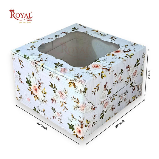 Window Cake Box - 10"x10"x5" inches - Floral Print Green - WB Royal Box Shop