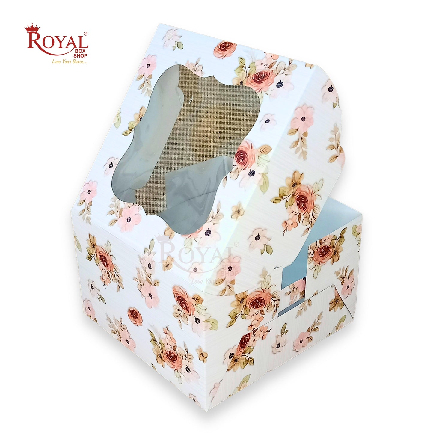 Window Cake Box - 10"x10"x5"inches - Floral Print Orange Royal Box Shop