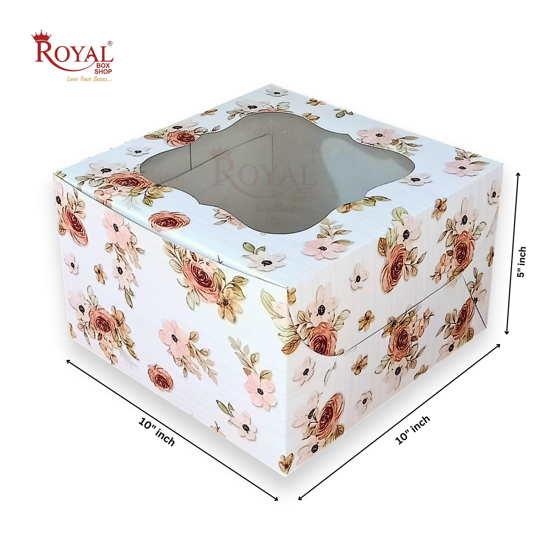 Window Cake Box - 10"x10"x5"inches - Floral Print Orange Royal Box Shop